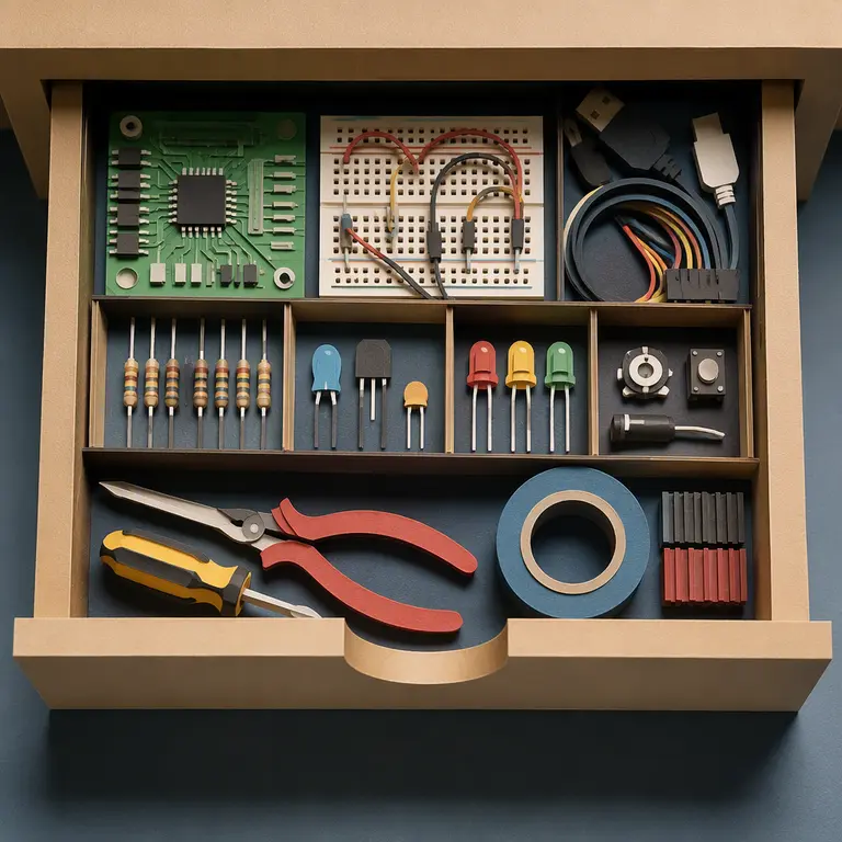 A component drawer organized with electronic parts on a workbench